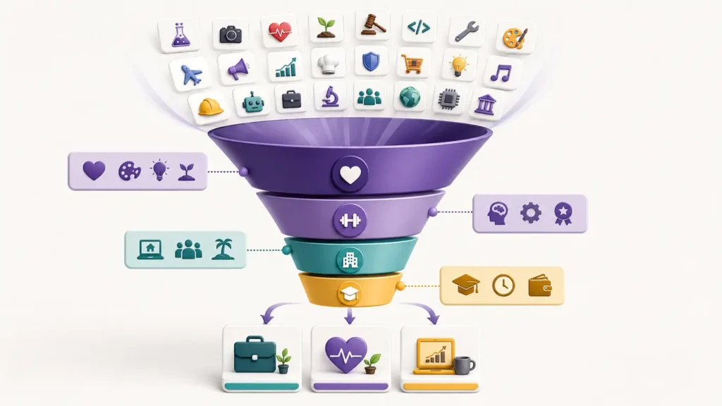 Career option narrowing funnel filtering many careers into three choices