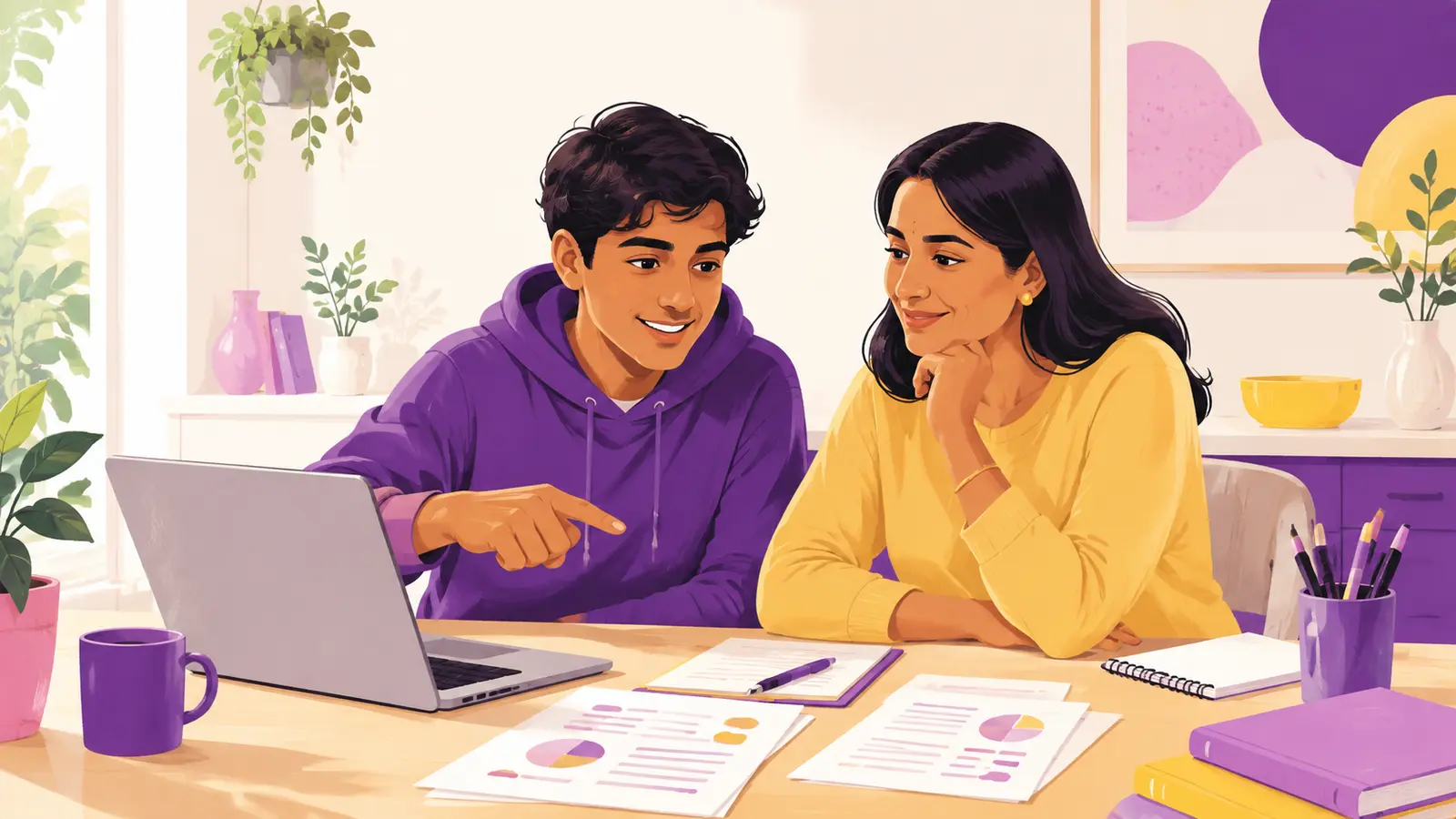 Student leads a calm career-test results discussion with a supportive parent