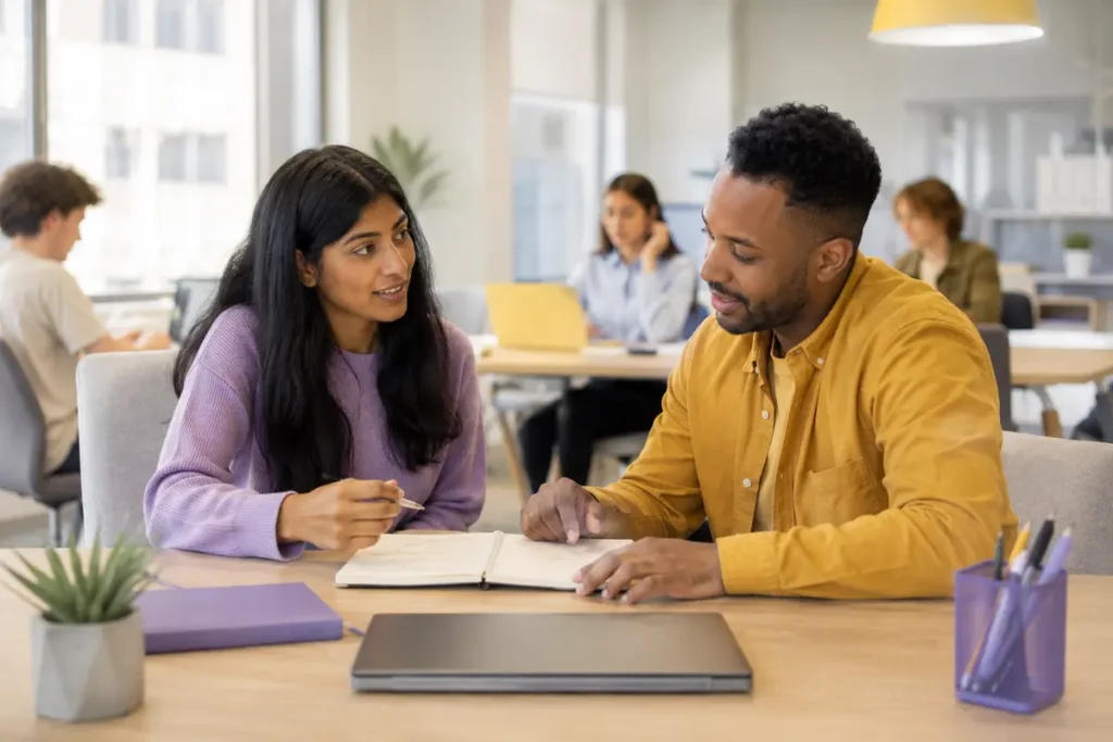 Intern discussing learning goals and feedback with a supportive supervisor