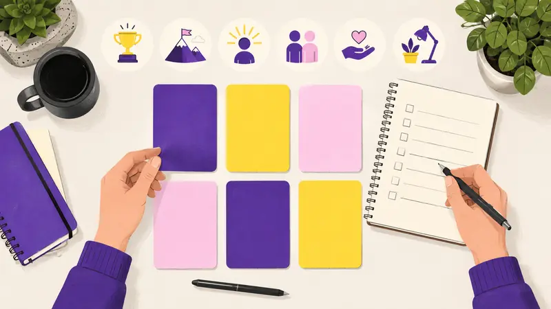 Six cards representing the six work values in a job-values alignment audit