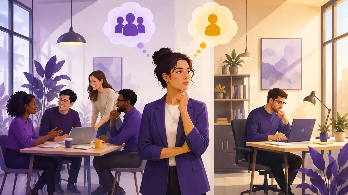 Teamwork vs independent work career choice illustrated with collaborative and focused work environments