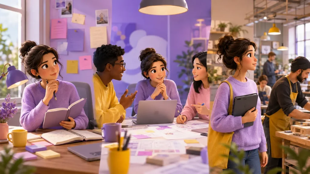 Young adult testing quiet, collaborative and active work environments before choosing a career