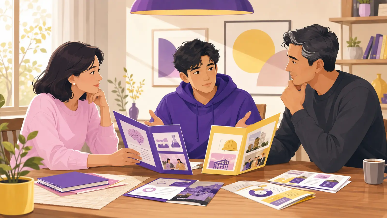 Student discussing different college-major choices with supportive parents using research at a table